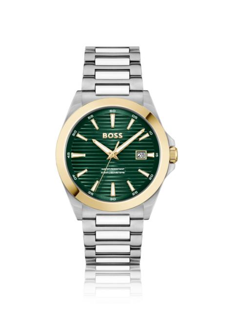 GOLD- AND SILVER-TONE WATCH WITH GREEN GROOVED DIAL