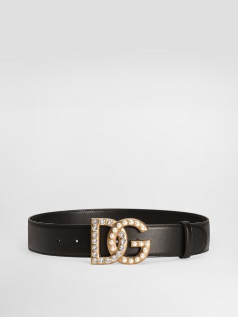 Calfskin belt with DG logo with rhinestones and pearls