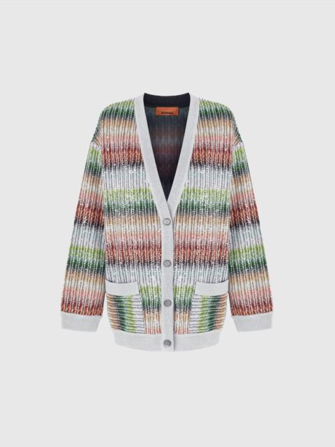 Oversized cardigan in gradient zigzag knit with sequins and front pockets