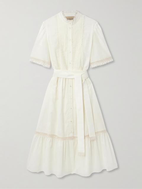 Belted Lace-trimmed Pintucked Cotton-poplin Midi Dress