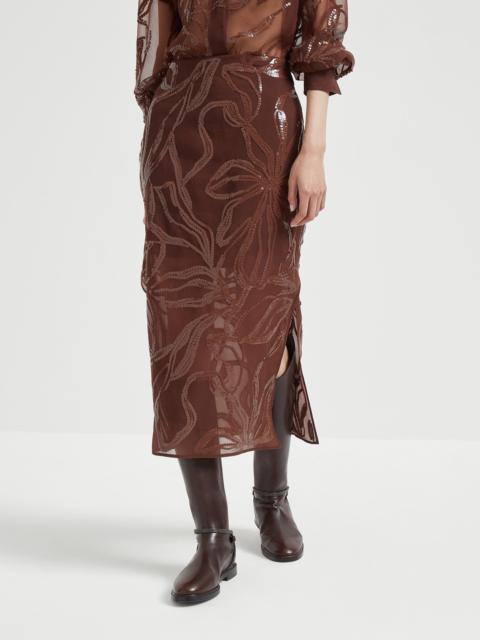 Crispy silk couture column skirt with dazzling floral embroidery