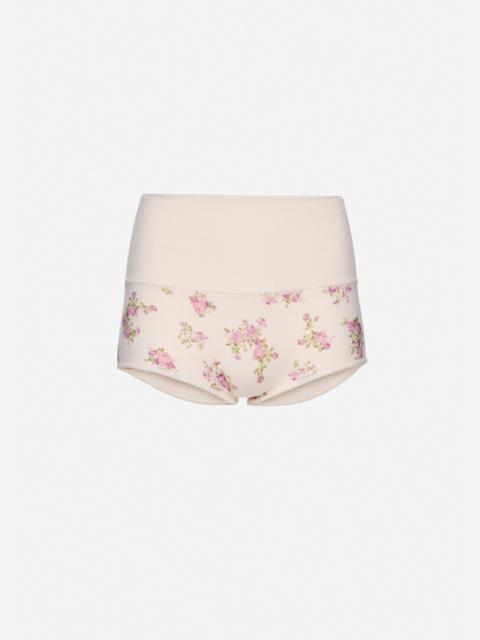 High-waisted cotton knit shorts in cream floral print