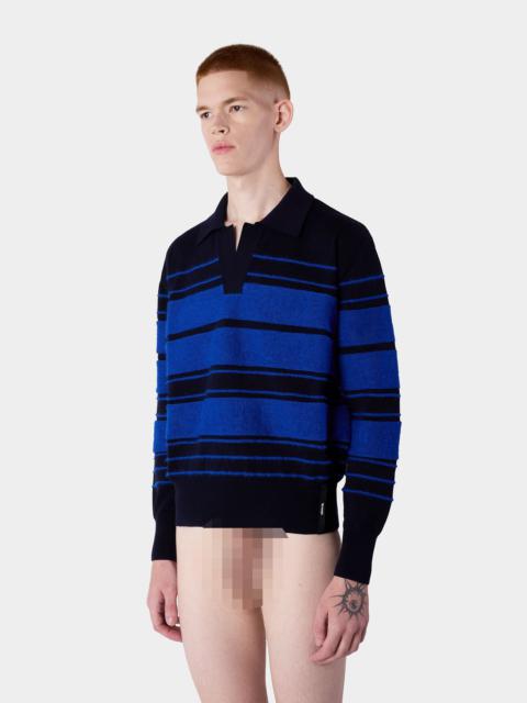 STRIPED KNIT LONSGLEEVE POLO / dark blue & electric blue