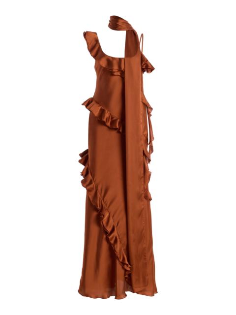 Exclusive Monica Ruffled Satin Maxi Dress brown