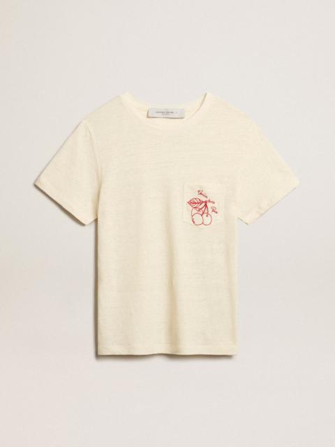 Women’s cotton T-shirt in aged white with embroidered pocket