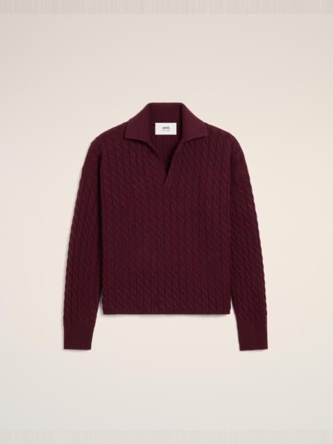 BURGUNDY WOOL CABLES KNIT POLO