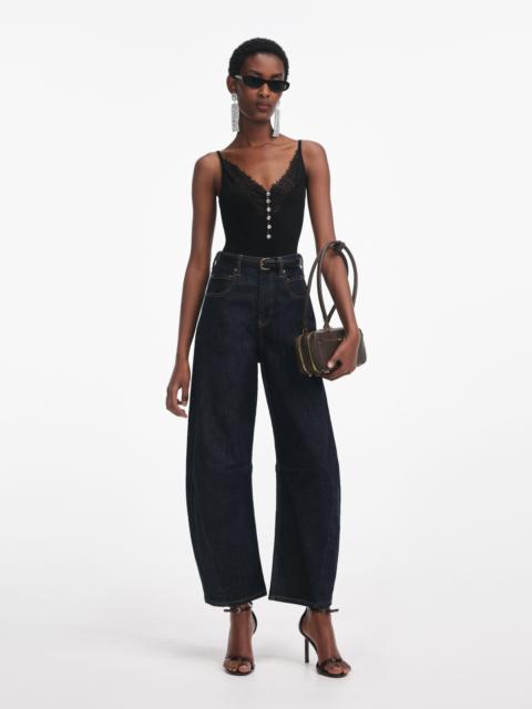 Black Lace Trim Rib Knit Top