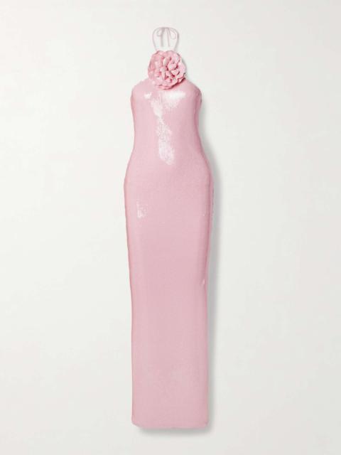 Appliquéd sequined tulle halterneck gown Baby pink