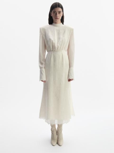 Embroidered high-neck midi dress with blouson bodice in cream