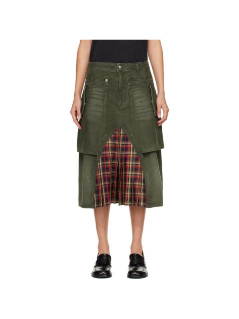 Khaki Raptor Layered Pleats Denim Midi Skirt