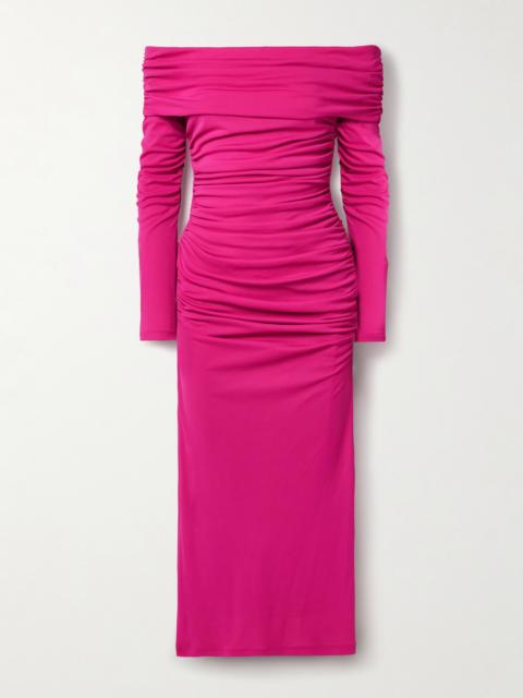 Off-the-shoulder Ruched Stretch-jersey Midi Dress