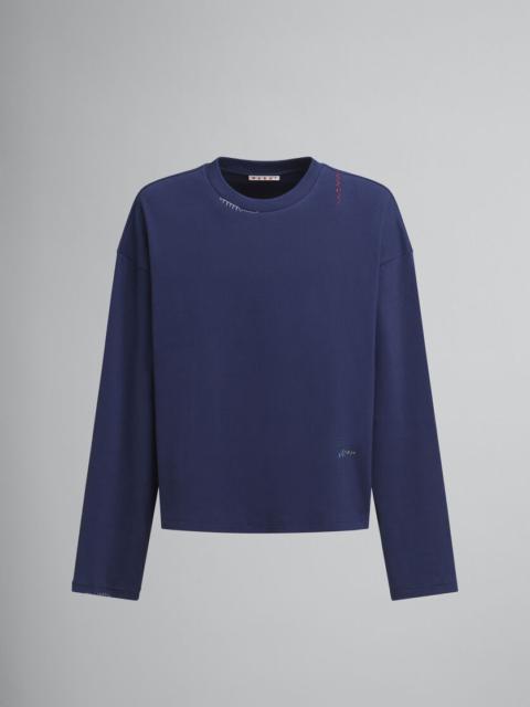 DARK BLUE RIBBED COTTON T-SHIRT WITH MARNI SYMBOL