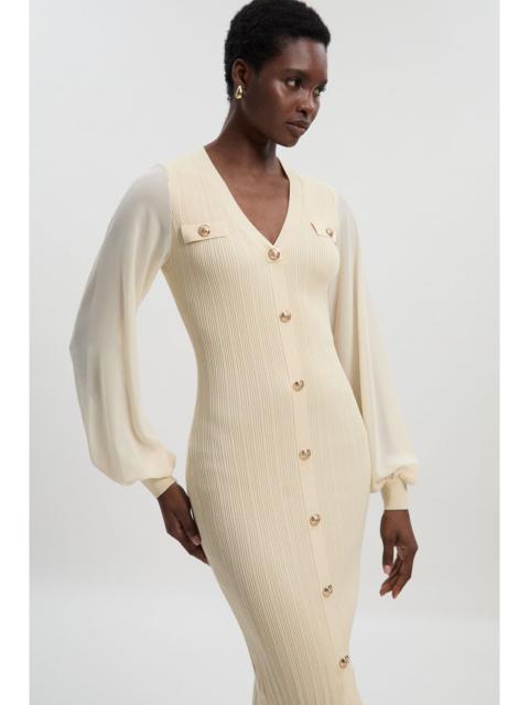 Viscose Blend Rib Knit Chiffon Sleeve Midi Dress
