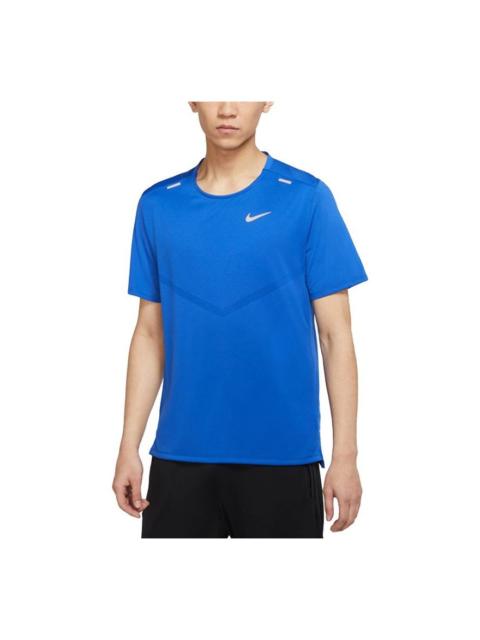 Men's Nike Dri-fit Rise 365 Running Breathable Quick Dry Casual Sports Short Sleeve Blue T-Shirt CZ9
