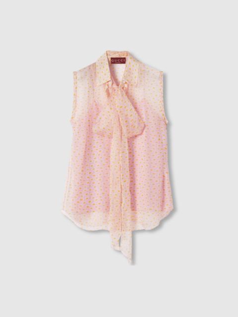 Printed silk top with neck bow