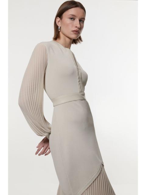 Woven Sleeved Pleated Dress With Pu