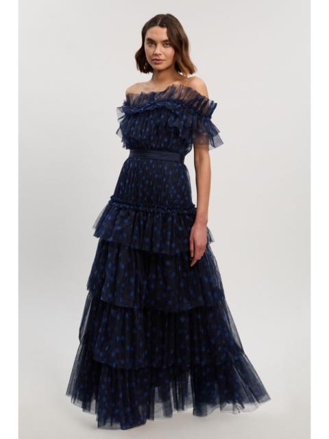 Polka Dot Tulle Layered Off The Shoulder Maxi Dress
