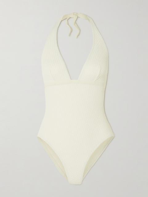 The Vogue Paillette Grosgrain-trimmed Jacquard Halterneck Swimsuit