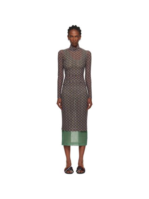Brown & Green Transparent Mesh Midi Dress