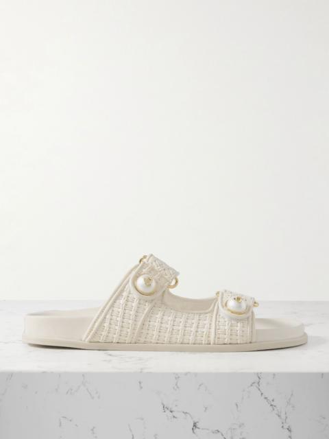 Fayence faux pearl-embellished raffia slides Cream