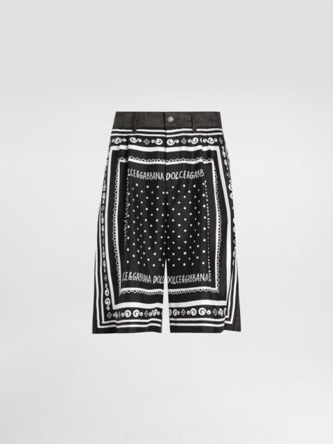 Printed silk and denim shorts