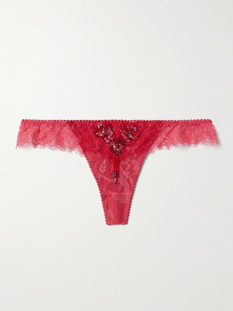 Graicelle Embellished Leavers Lace And Stretch-silk Satin Thong