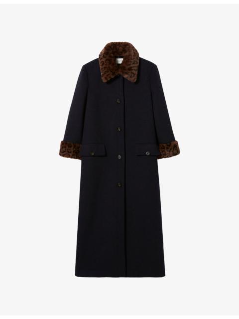 Long Leopard-Collar Wool-Blend Coat