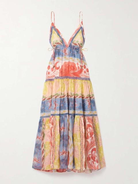 Tiered crochet-trimmed printed cotton and silk-blend voile maxi dress