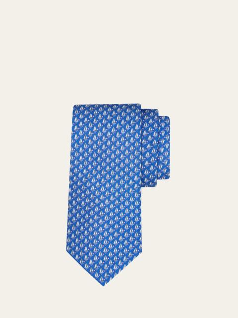 Men's Sailboat-Print Silk and Wool Tie