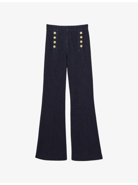 Athena Button-Embellished Flared-Leg Stretch-Denim Jeans