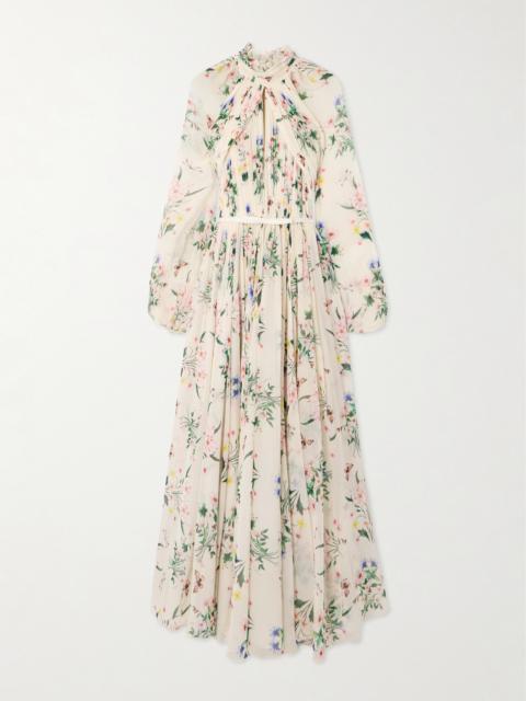 Belted Cutout Pleated Floral-print Silk-georgette Gown
