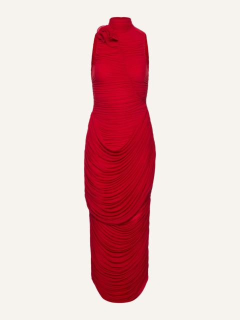 High-neck draped midi dress in red