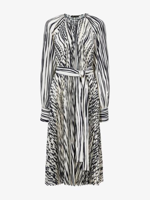 Carol Belted Dress in Stripe Pleated Chiffon