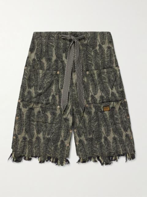 Magpie Straight-Leg Distressed Cotton-Jacquard Drawstring Shorts Green