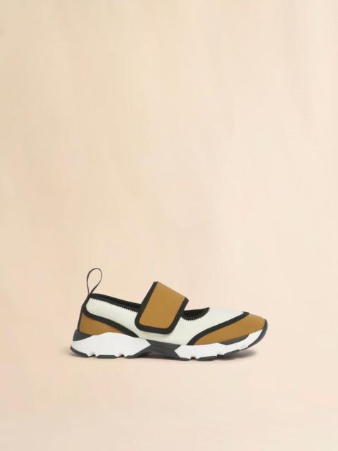WHITE AND LIGHT BROWN LYCRA MARY JANE RUNNING SNEAKER