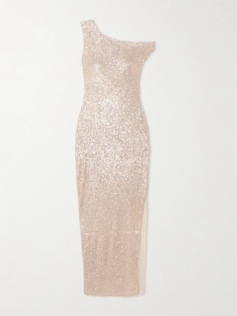 One-shoulder Sequined Stretch-mesh Maxi Dress