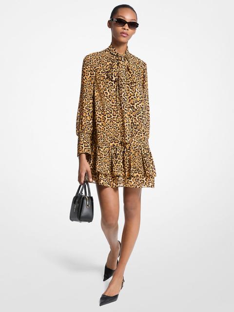 Leopard Print Georgette Tie-Neck Dress
