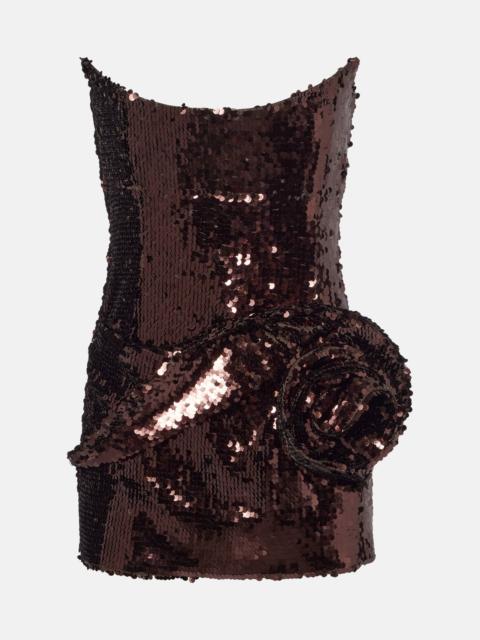Floral-appliqué sequined minidress