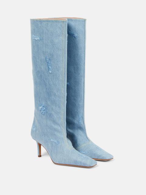 Distressed denim knee-high boots