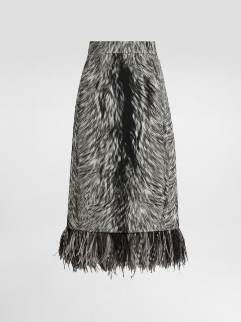 Charmeuse calf-length pencil skirt with fur print and feathered detailing