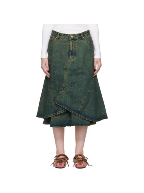 Blue Custom Flare Layered Denim Midi Skirt