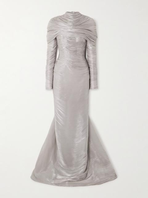 Cape-effect Metallic Plissé-chiffon Gown