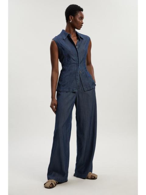 Chambray Stretch Denim Wide Leg Trouser