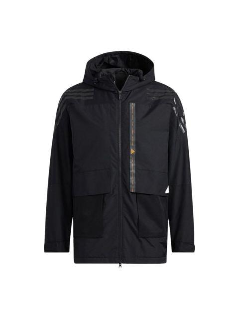 adidas Solid Color hooded Zipper Jacket Black HE7401