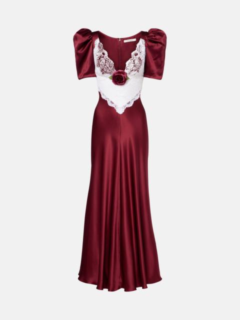 Floral-appliqué lace-trimmed silk gown