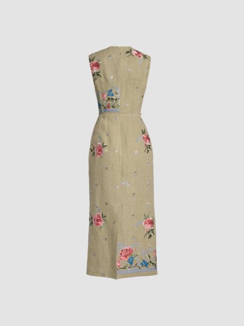 EMBROIDERED LINEN PENCIL DRESS
