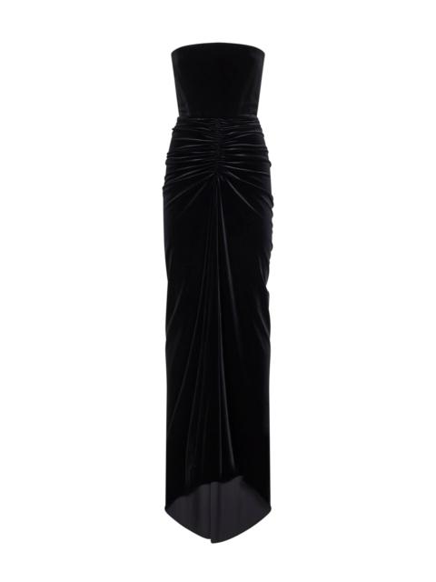 Black velvet strapless gathered dress