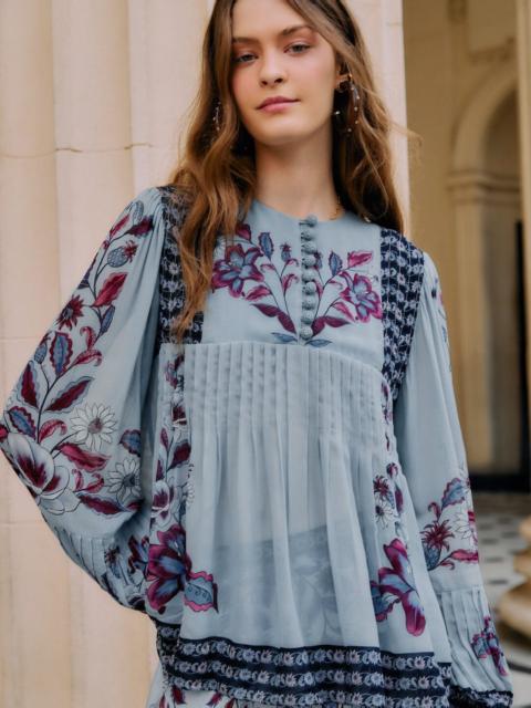 Soft Blue Marcelle Crochet Buttons Pleated Blouse