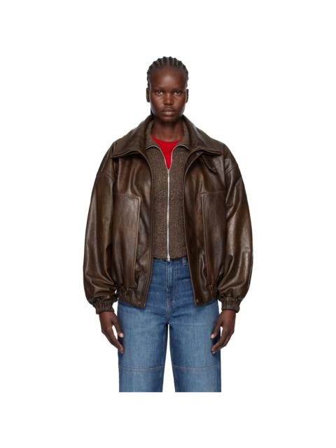 Brown Snap-Collar Aviator Leather Jacket