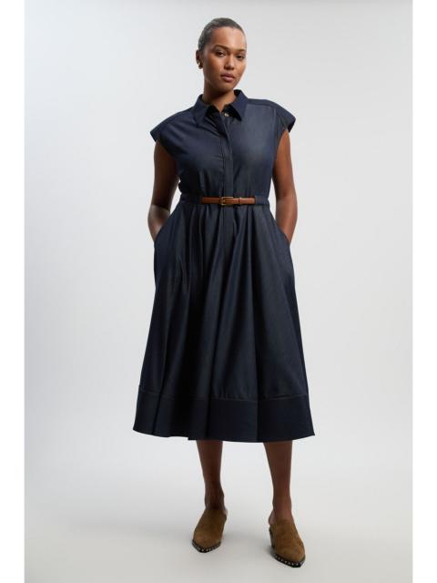 Plus Size Denim Tailored Belted Collared Full Midi Dress